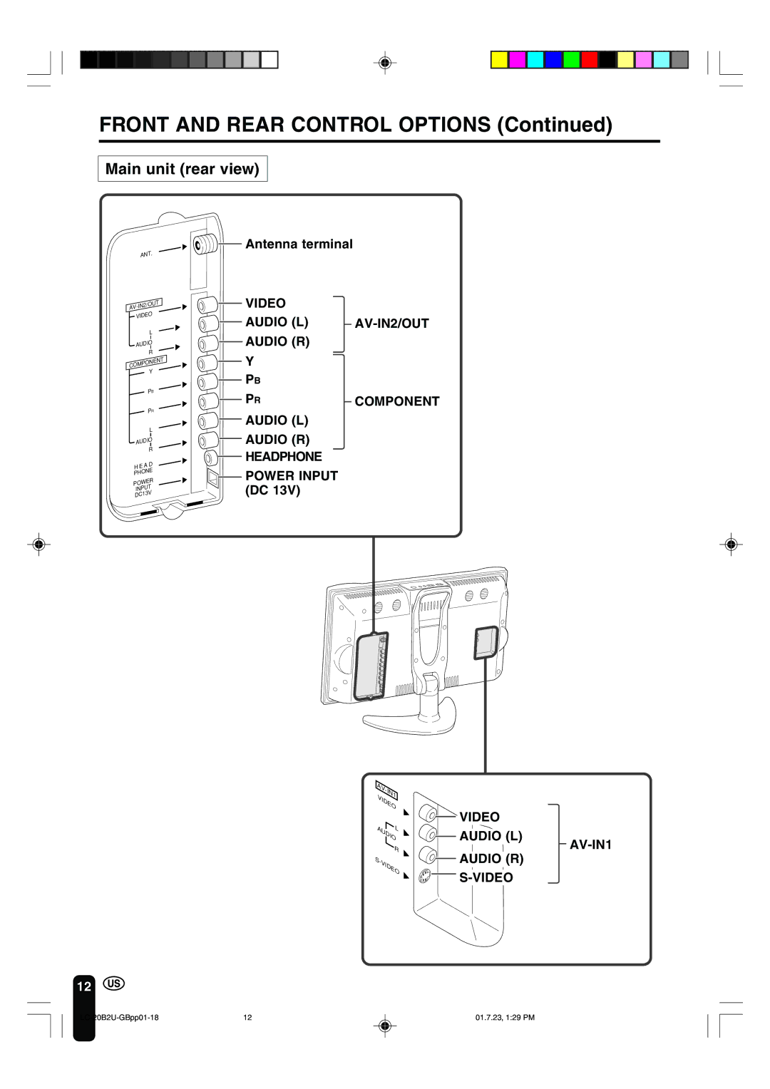 Sharp LC 20B2U operation manual Front and Rear Control Options, Main unit rear view 