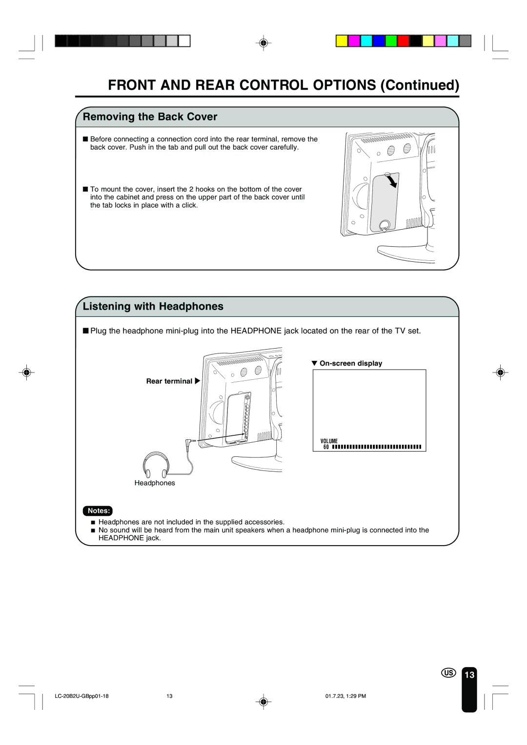 Sharp LC 20B2U operation manual Removing the Back Cover, Listening with Headphones 