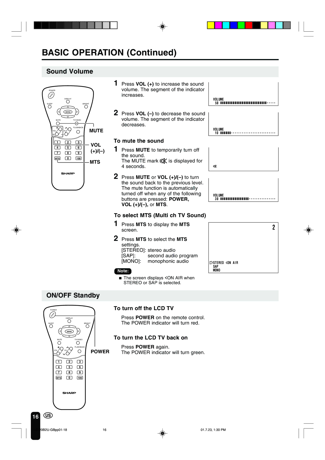 Sharp LC 20B2U operation manual Sound Volume, ON/OFF Standby 