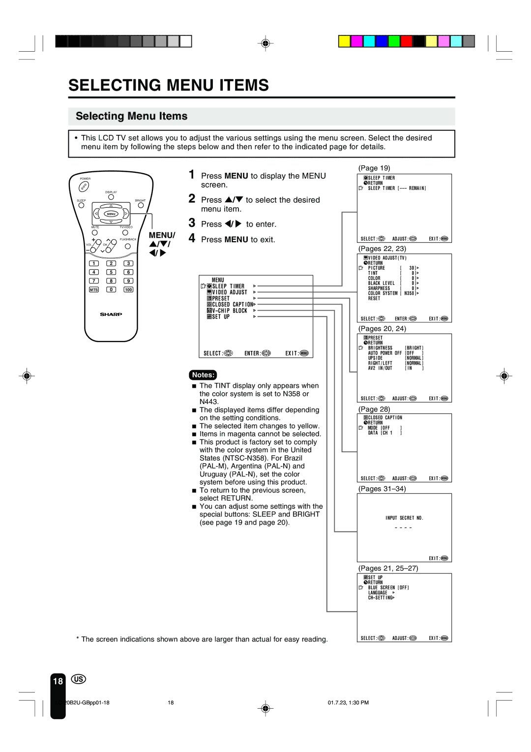 Sharp LC 20B2U operation manual Selecting Menu Items 