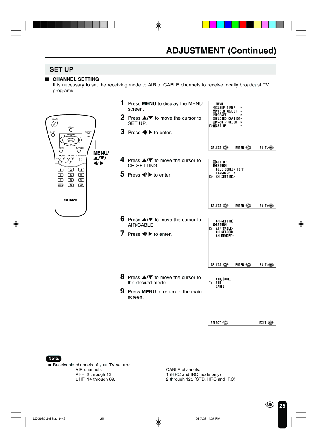 Sharp LC 20B2U operation manual Channel Setting, Set Up, Ch-Setting 