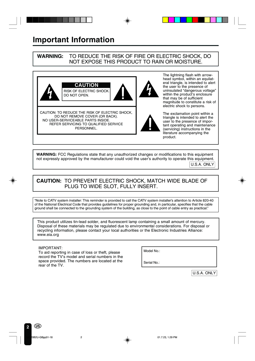 Sharp LC 20B2U operation manual Important Information, A. only 