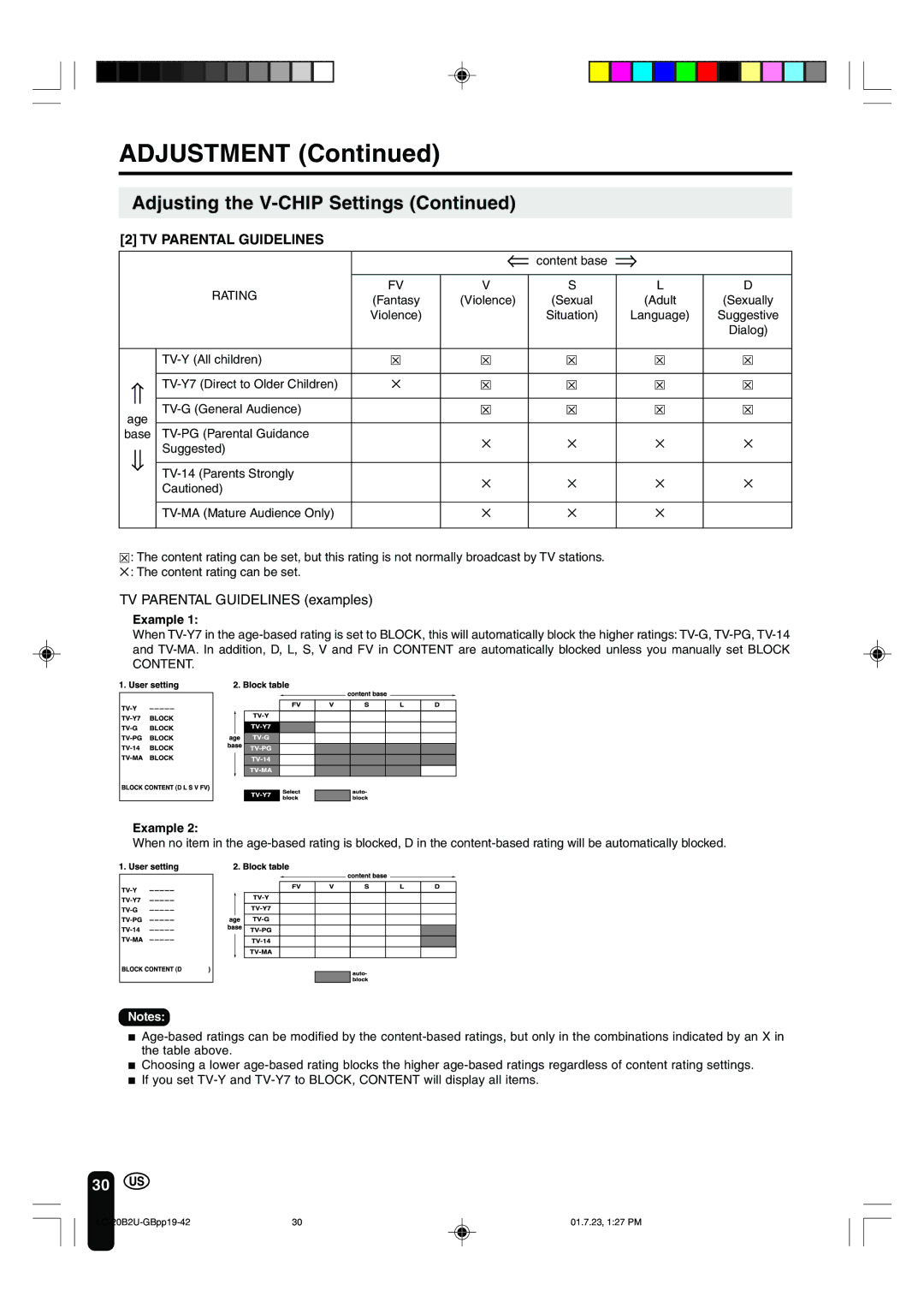 Sharp LC 20B2U operation manual TV Parental Guidelines examples 