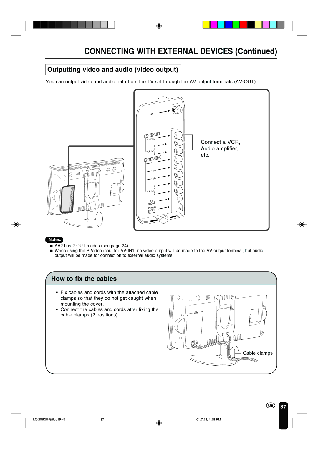 Sharp LC 20B2U operation manual Outputting video and audio video output, How to fix the cables 