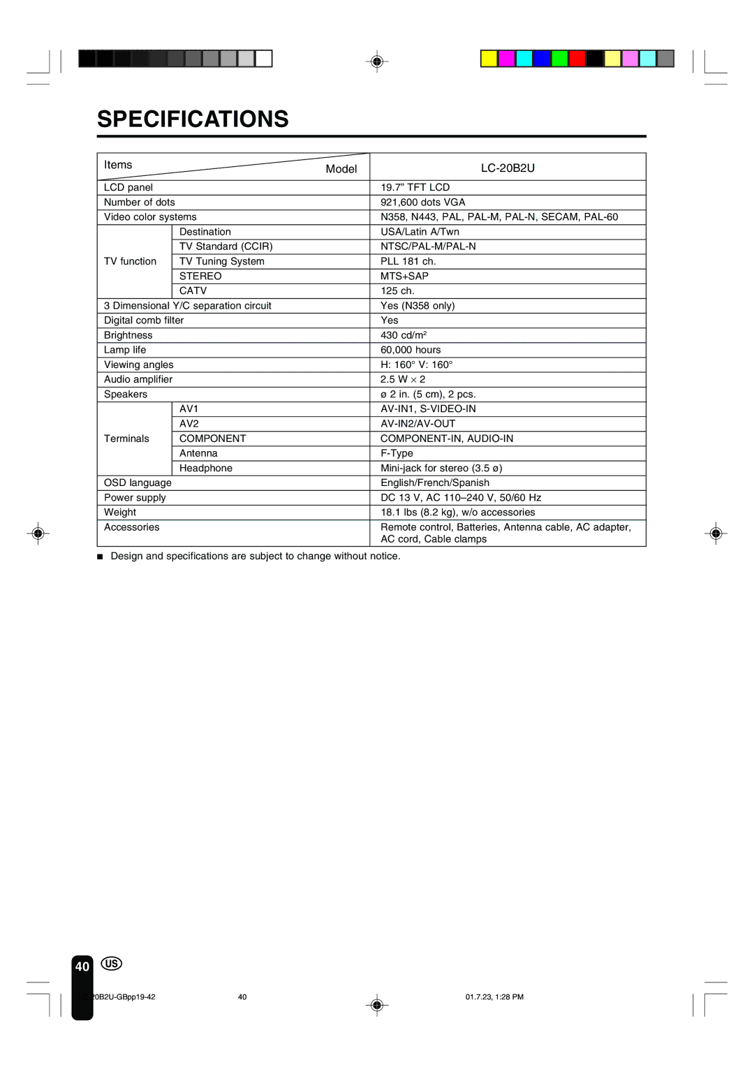 Sharp LC 20B2U operation manual Specifications, Items Model LC-20B2U 