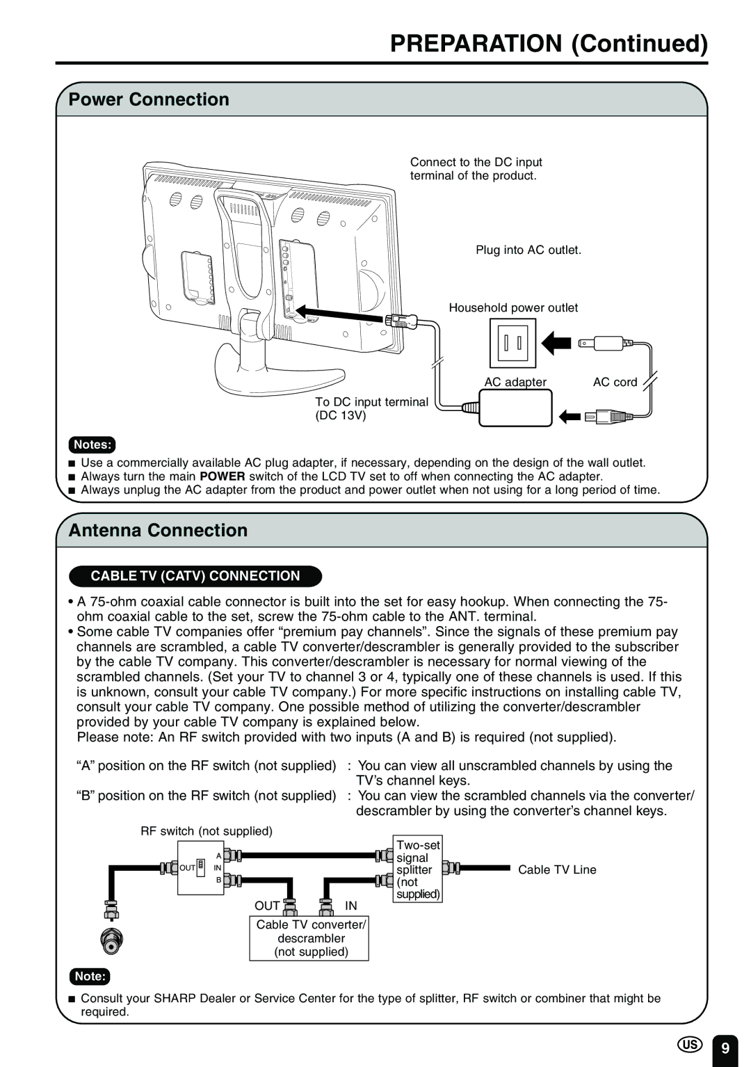 Sharp LC-20B2UA operation manual Preparation, Power Connection, Antenna Connection 