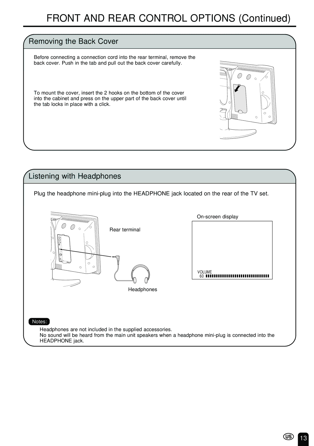 Sharp LC-20B2UA operation manual Removing the Back Cover, Listening with Headphones 