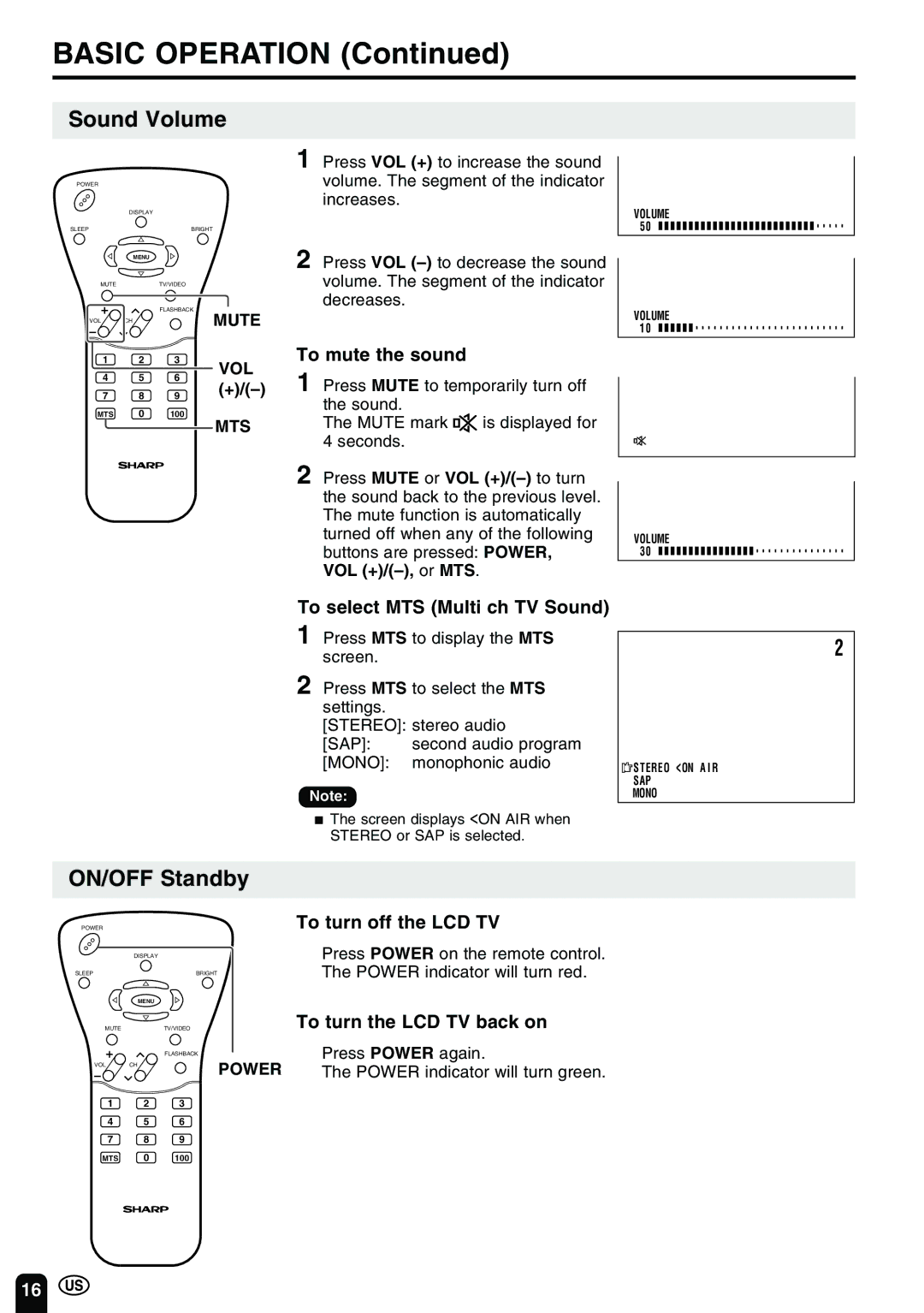 Sharp LC-20B2UA operation manual Sound Volume, ON/OFF Standby 