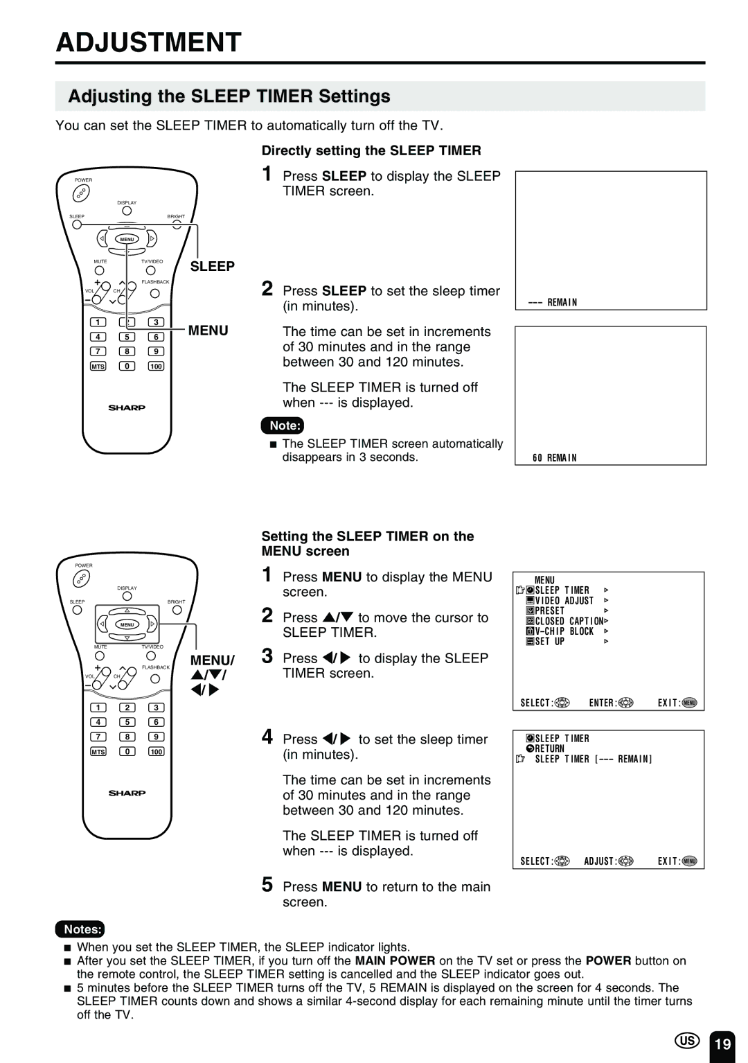 Sharp LC-20B2UA operation manual Adjustment, Adjusting the Sleep Timer Settings, Directly setting the Sleep Timer 