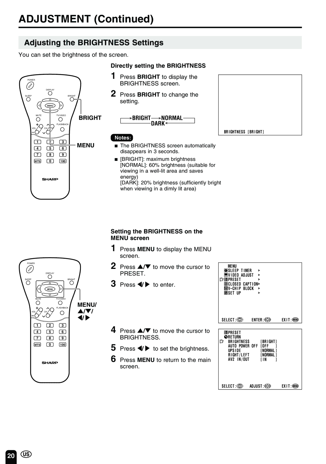 Sharp LC-20B2UA operation manual Adjustment, Adjusting the Brightness Settings, Directly setting the Brightness 