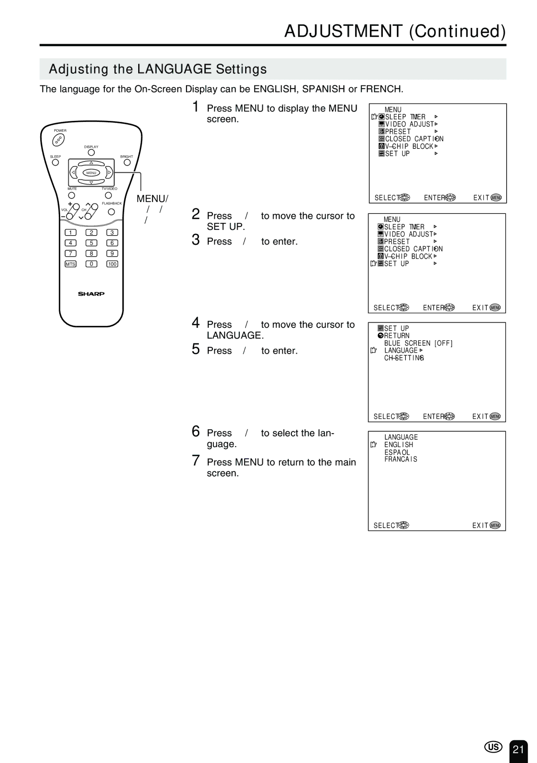 Sharp LC-20B2UA operation manual Adjusting the Language Settings, Screen, Press / to move the cursor to, Press / to enter 