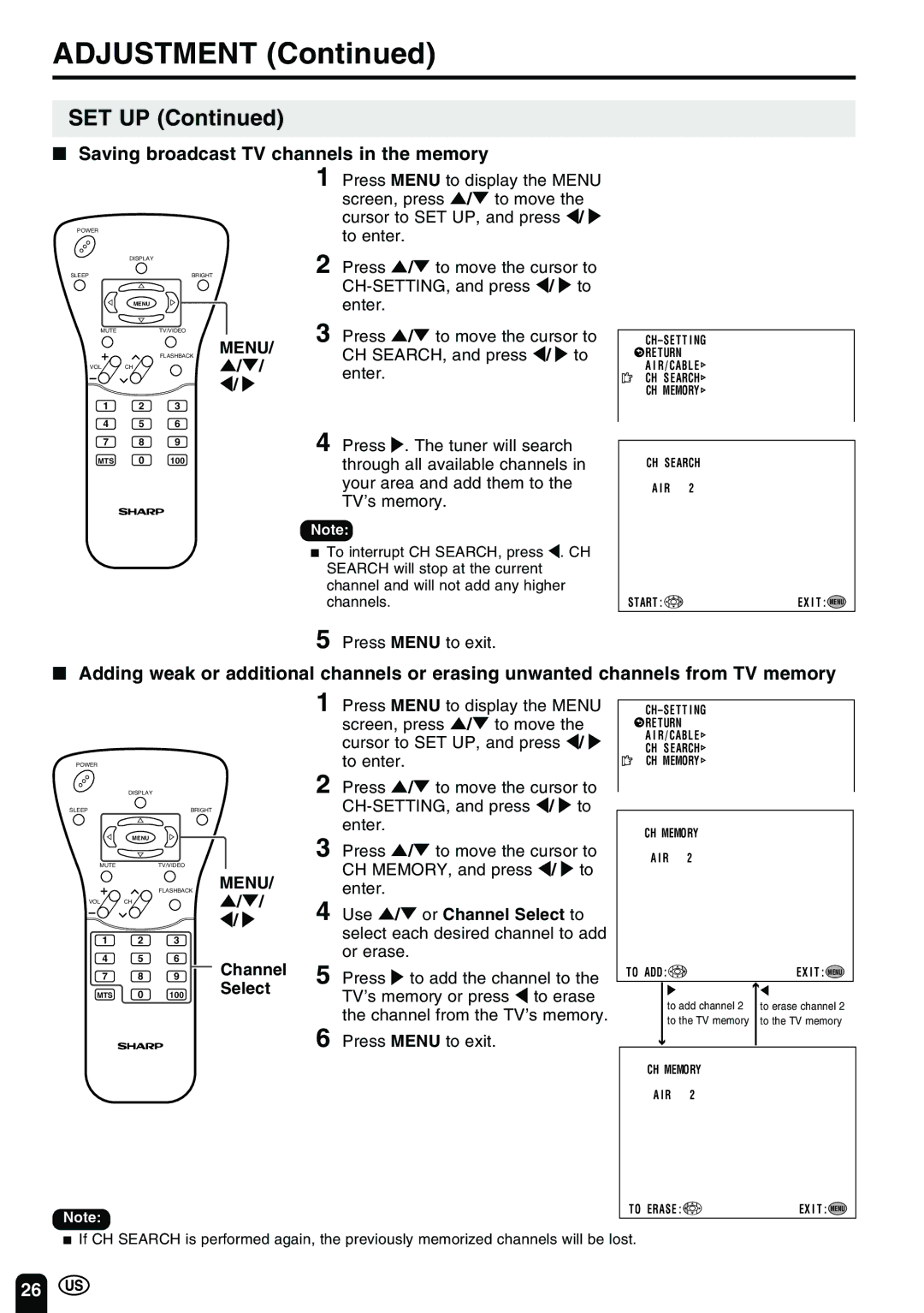 Sharp LC-20B2UA operation manual Set Up, Saving broadcast TV channels in the memory, Select 