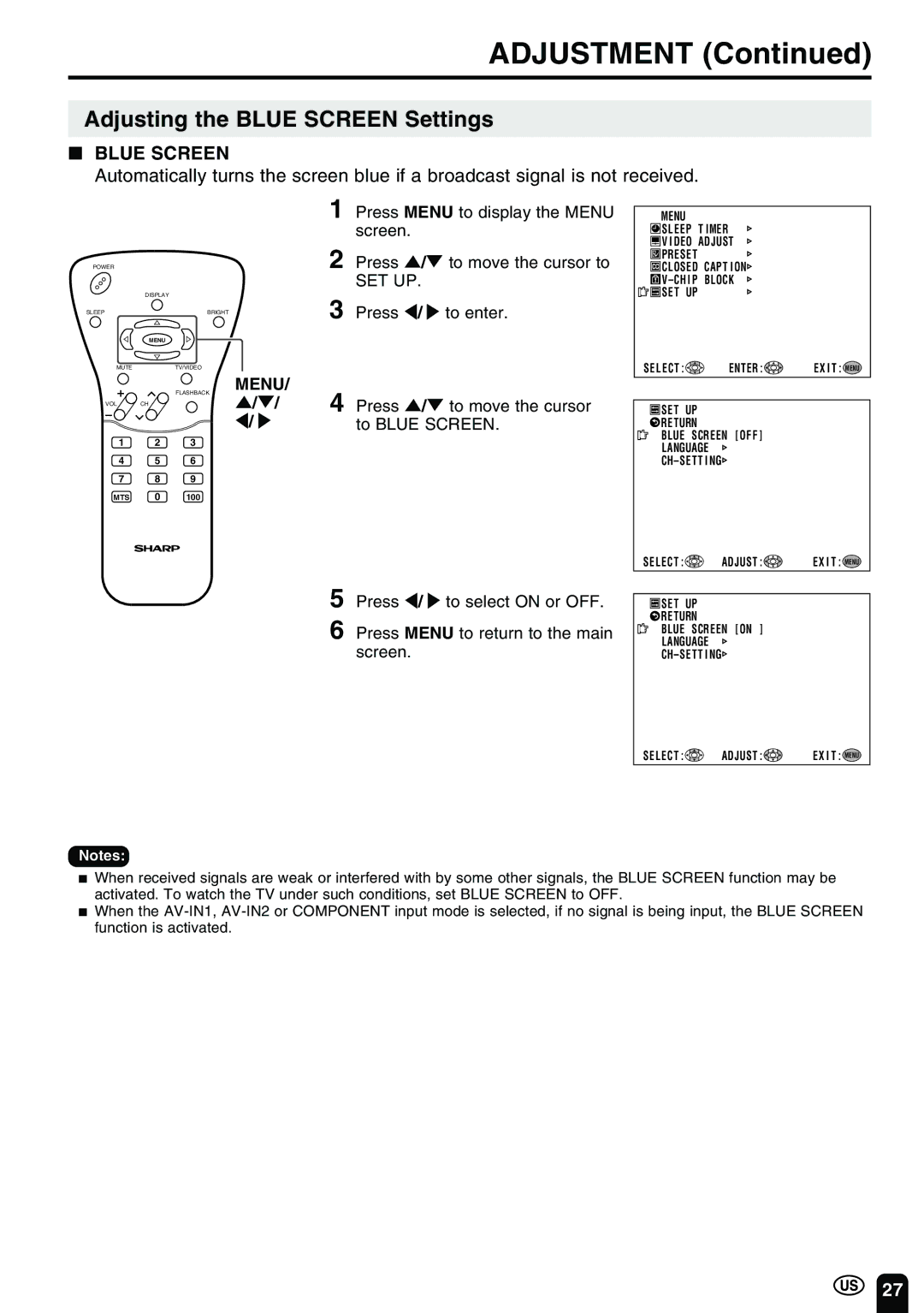 Sharp LC-20B2UA Adjusting the Blue Screen Settings, Press / to enter Press / to move the cursor to Blue Screen 