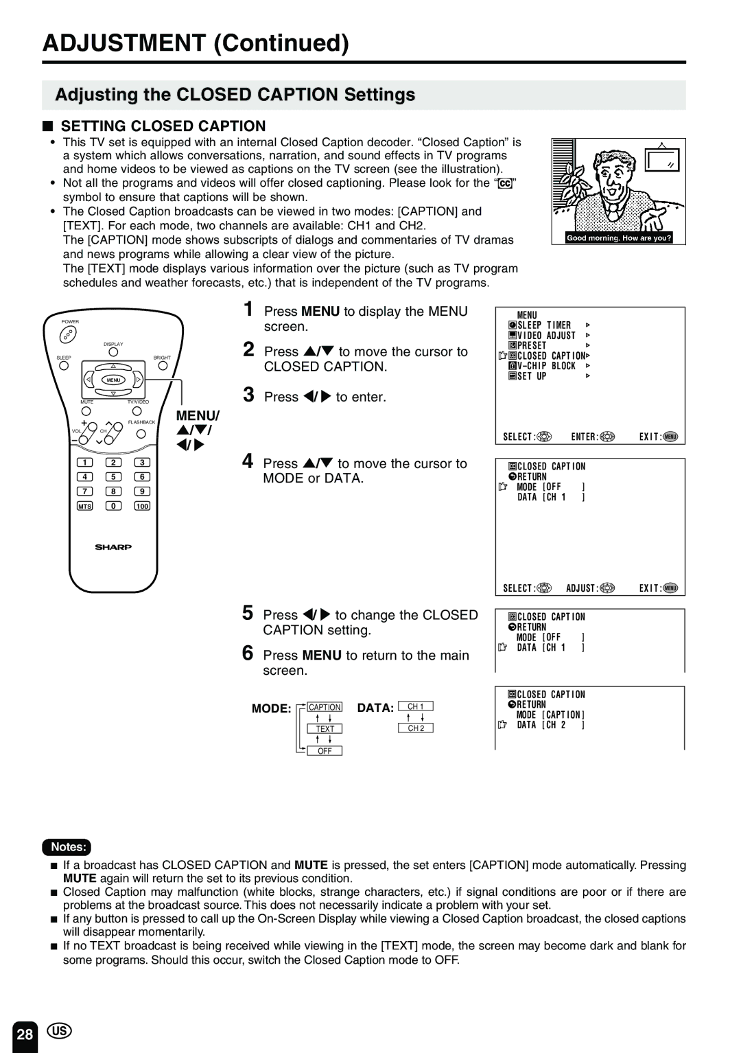 Sharp LC-20B2UA Adjusting the Closed Caption Settings, Setting Closed Caption, Press Menu to display the Menu screen 