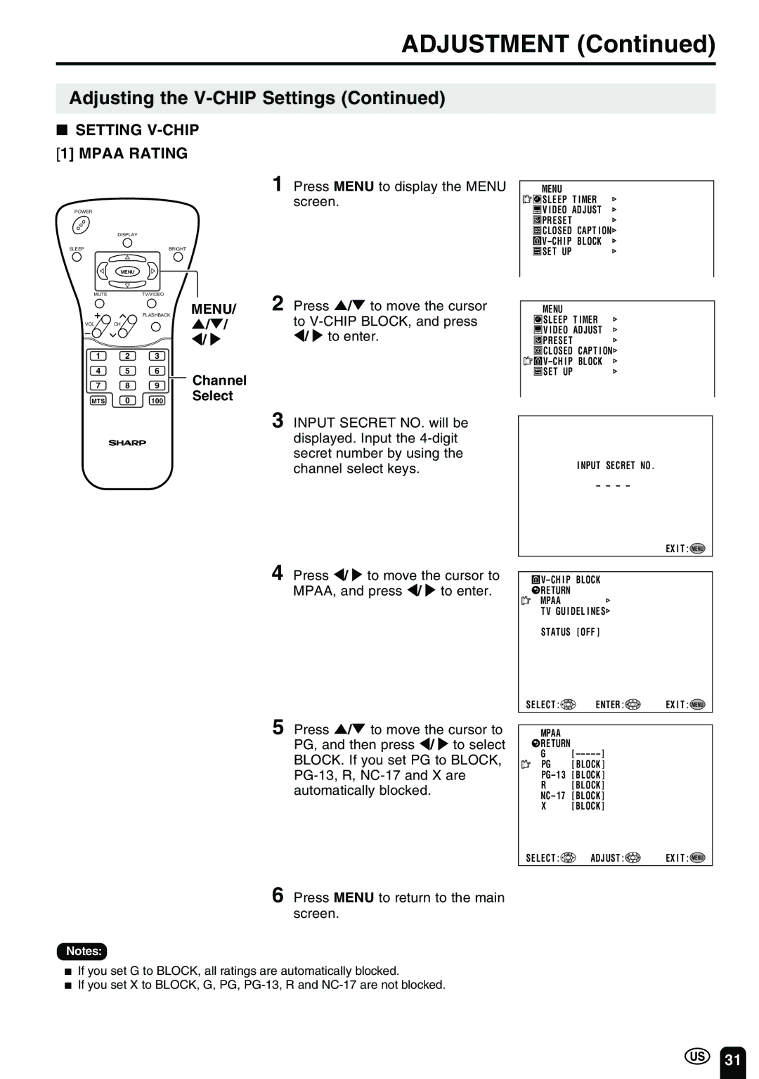 Sharp LC-20B2UA Setting V-CHIP Mpaa Rating, Press / to move the cursor, To V-CHIP BLOCK, and press, To enter 