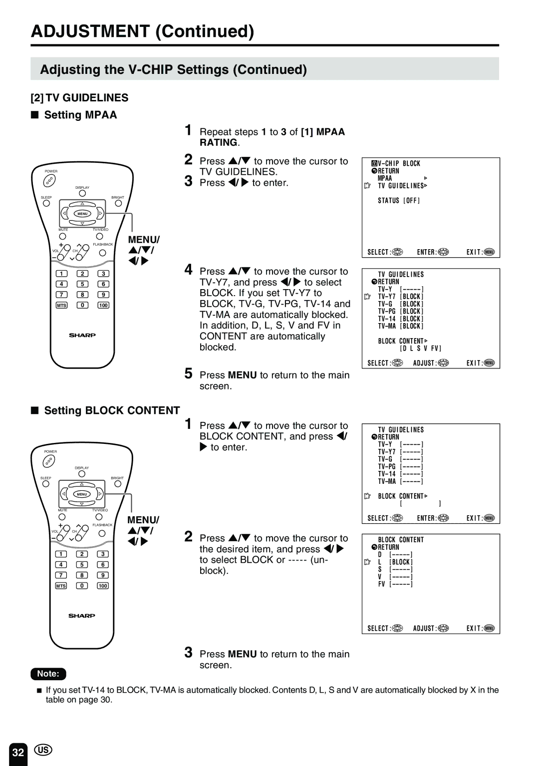 Sharp LC-20B2UA operation manual TV Guidelines, Setting Mpaa, Setting Block Content 