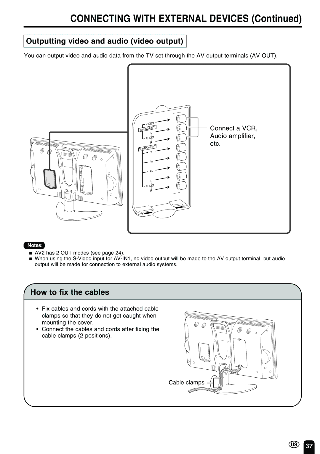 Sharp LC-20B2UA operation manual Outputting video and audio video output, How to fix the cables 