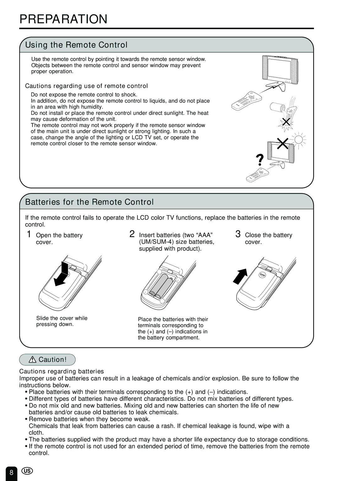 Sharp LC-20B2UA operation manual Preparation, Using the Remote Control, Batteries for the Remote Control 