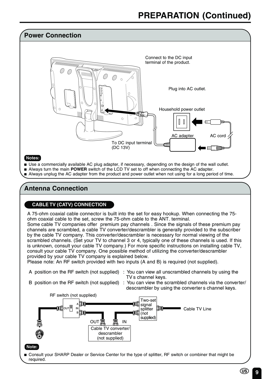 Sharp LC-20B2UA operation manual PREPARATION Continued, Power Connection, Antenna Connection, Cable Tv Catv Connection 