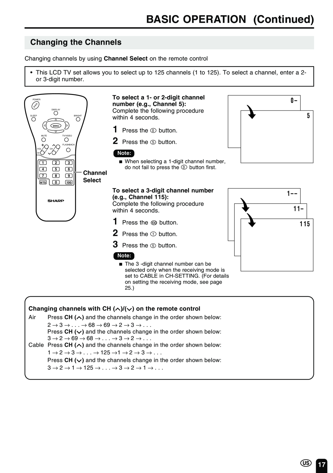 Sharp LC-20B2UA operation manual Changing the Channels, MTS 0 100 Select To select a 3-digit channel number e.g., Channel 