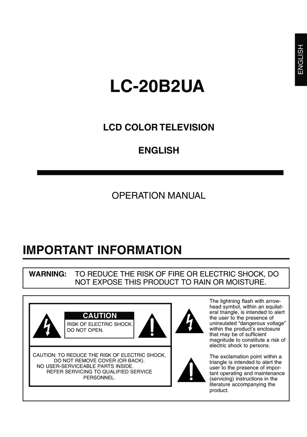Sharp LC-20B2UA operation manual Important Information, Lcd Color Television English, Operation Manual 