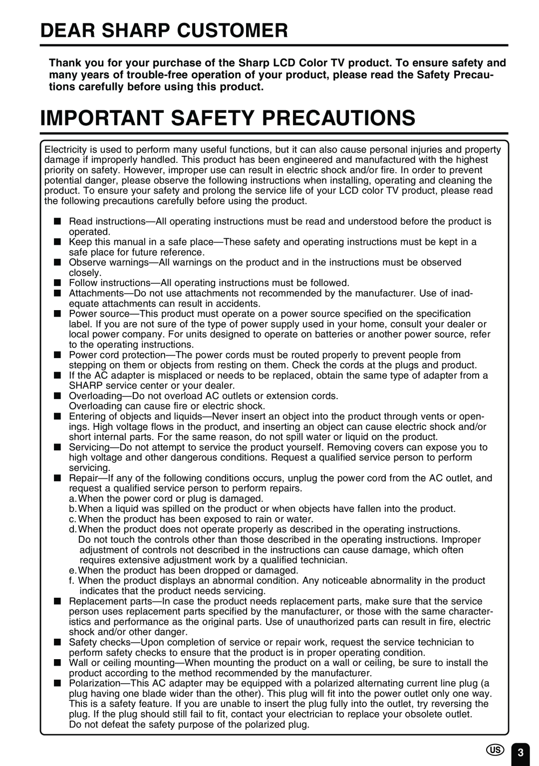 Sharp LC-20B2UA operation manual Important Safety Precautions, Dear Sharp Customer 