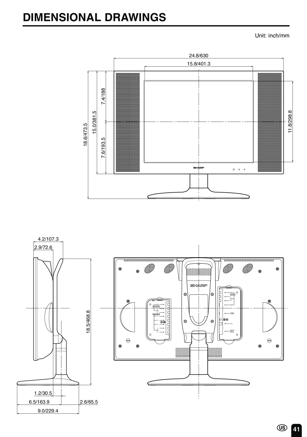 Sharp LC-20B2UA operation manual Dimensional Drawings, Unit inch/mm 