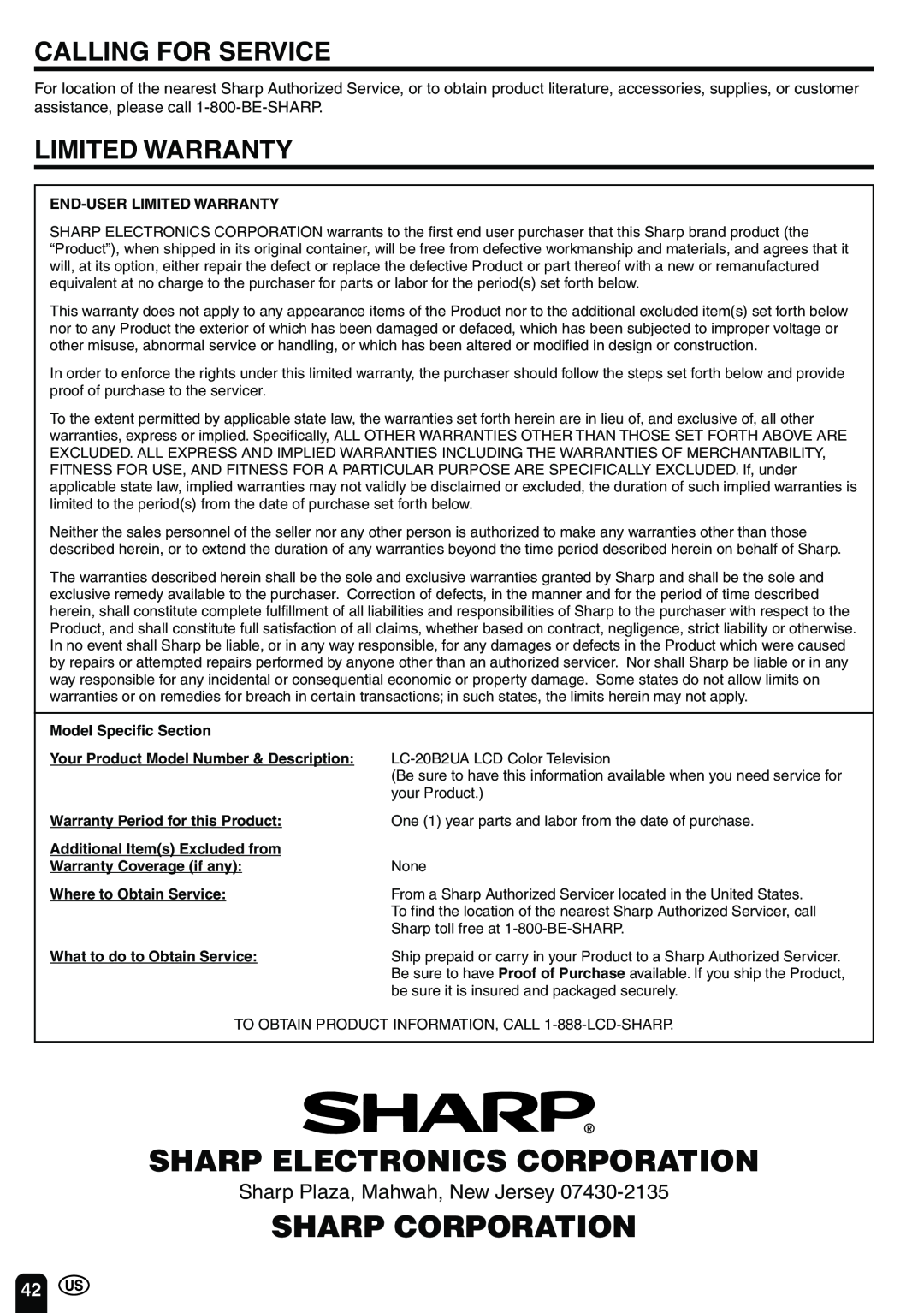 Sharp LC-20B2UA operation manual Sharp Electronics Corporation, Sharp Corporation, Calling For Service, Limited Warranty 