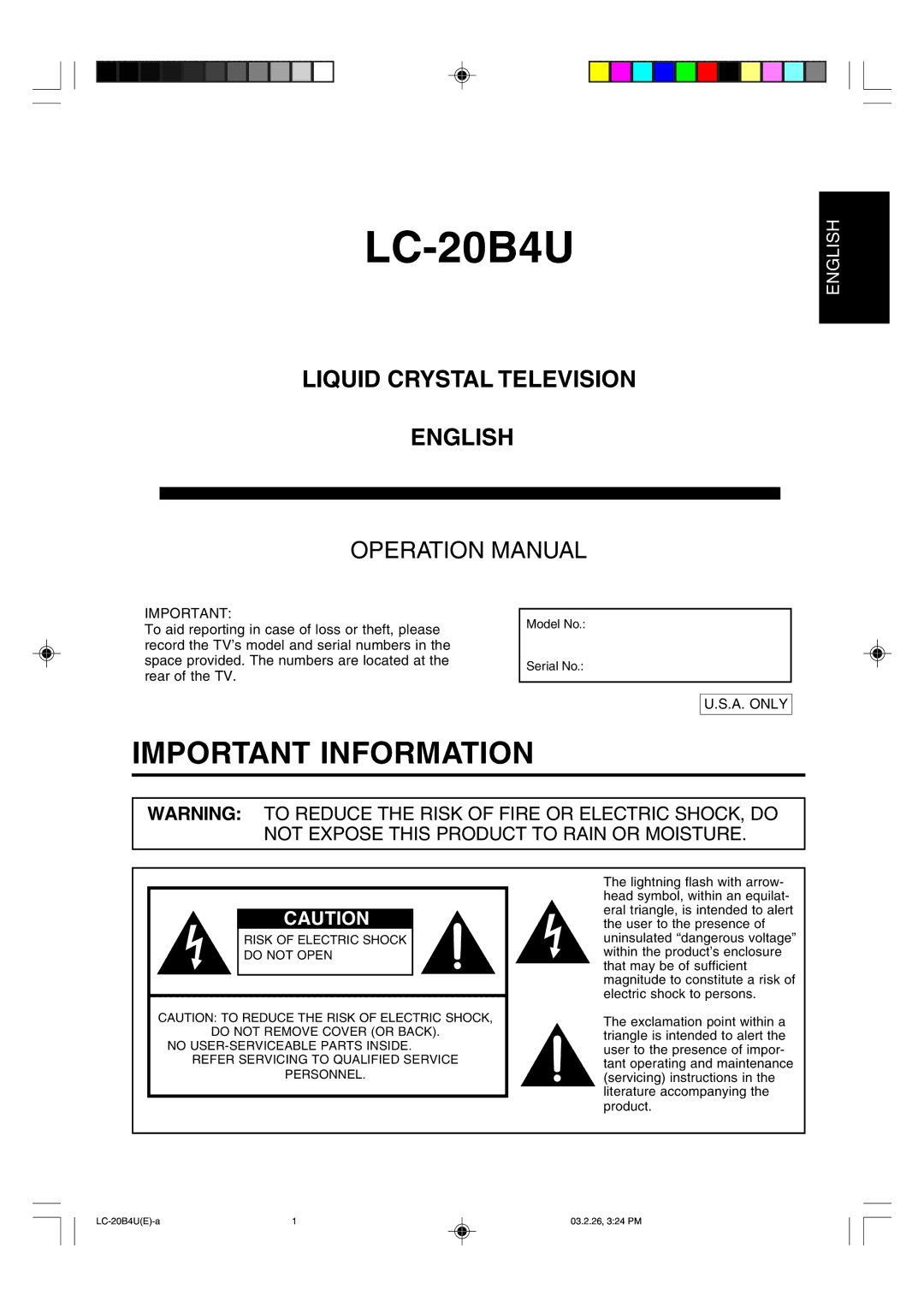 Sharp LC-20B4U operation manual To aid reporting in case of loss or theft, please, Rear of the TV 