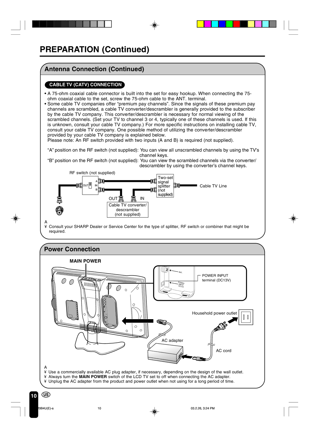 Sharp LC-20B4U operation manual Power Connection, Main Power 