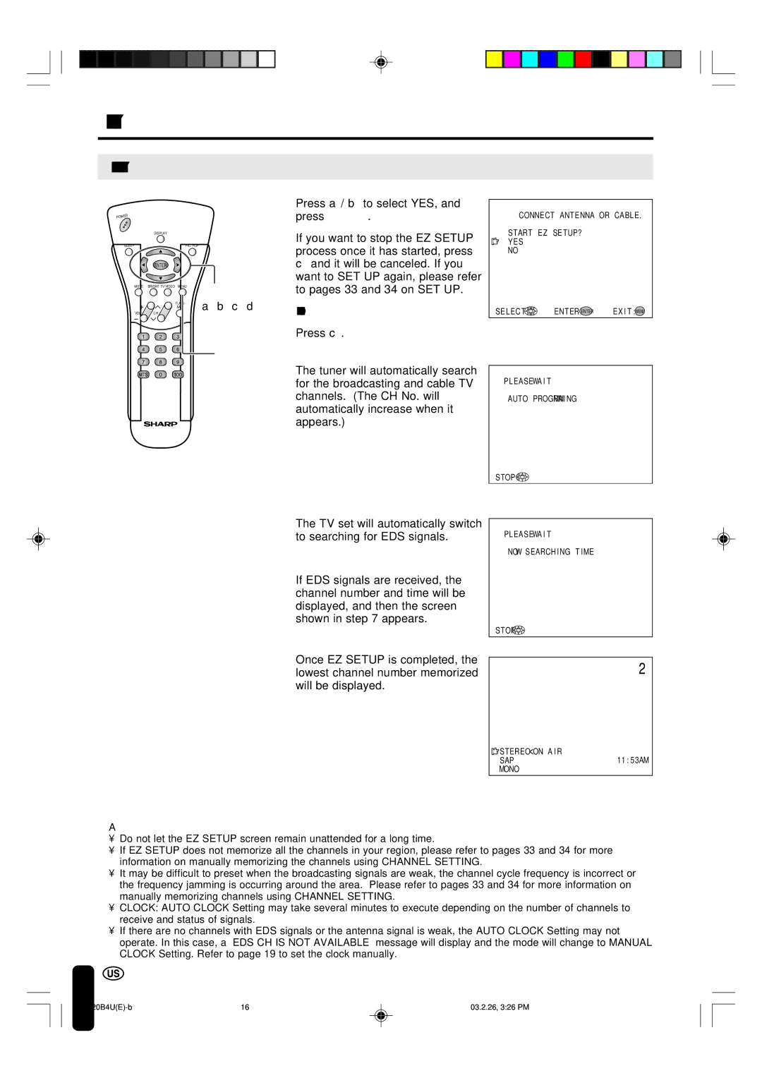 Sharp LC-20B4U operation manual EZ Setup with Auto Clock Setting, To cancel EZ Setup Press c 