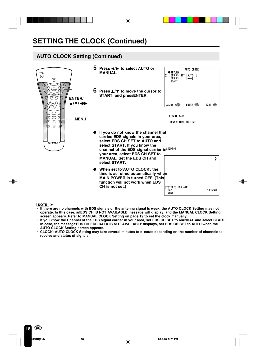 Sharp LC-20B4U Setting the Clock, Press c/dto select Auto or, Press a/bto move the cursor to START, and press Enter 