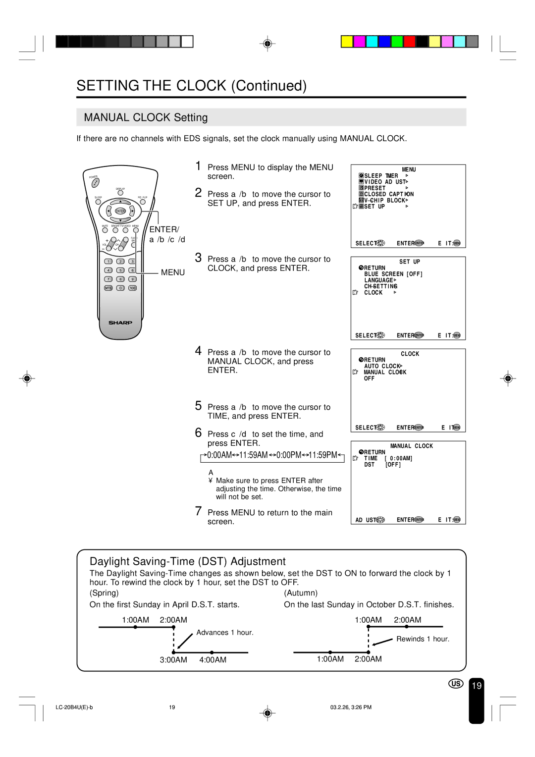 Sharp LC-20B4U operation manual Manual Clock Setting, Daylight Saving-Time DST Adjustment, Spring Autumn 