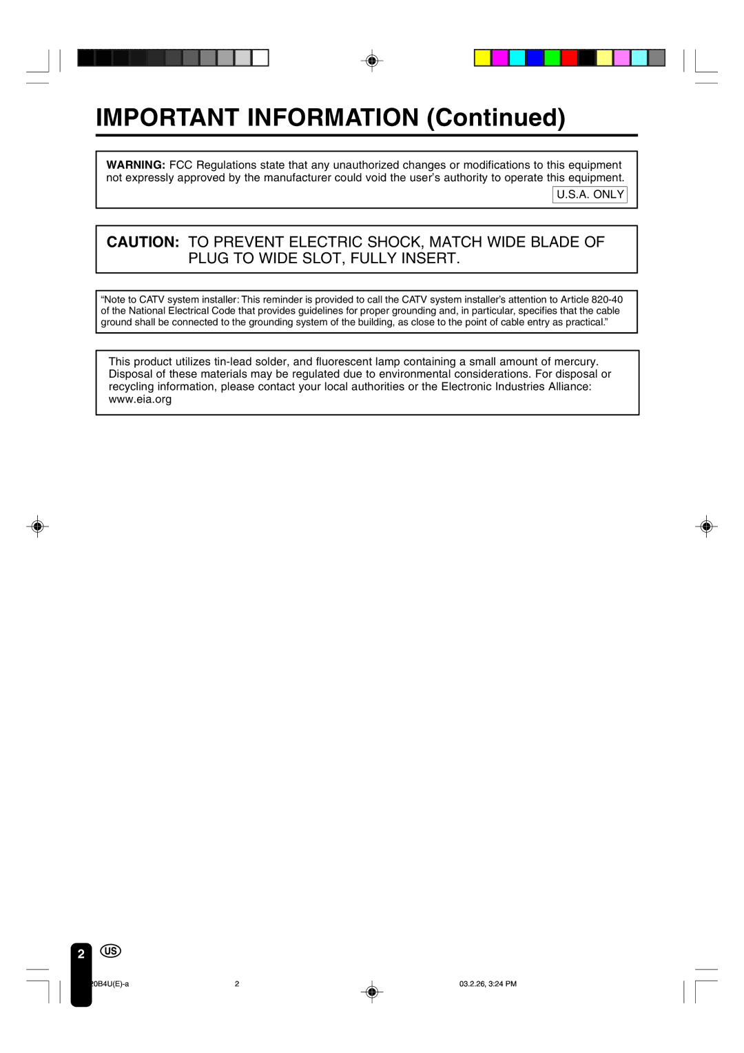 Sharp LC-20B4U operation manual Important Information 