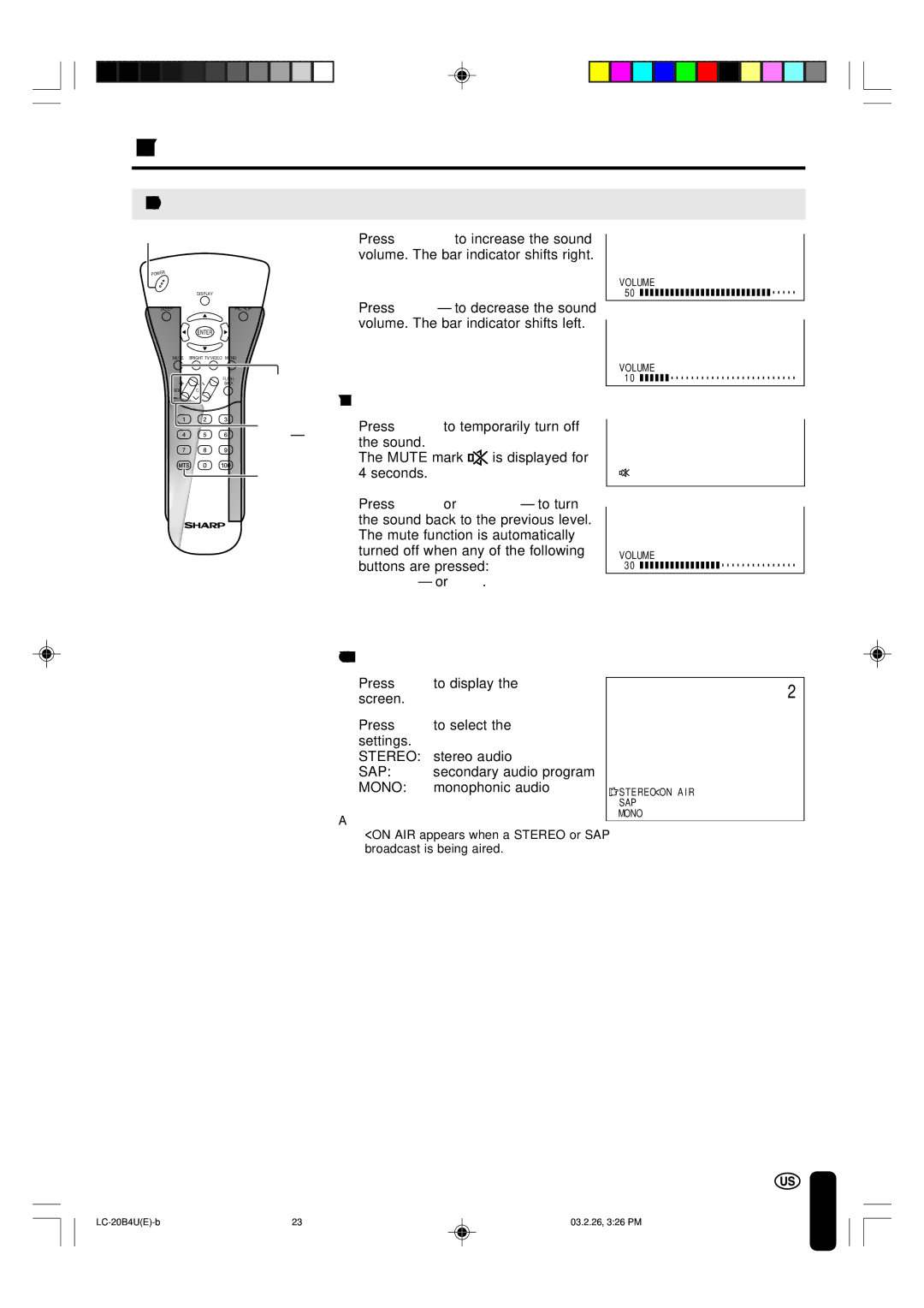 Sharp LC-20B4U operation manual Sound Volume, To mute the sound, To select MTS Multichannel TV Sound, Vol +, Mts 