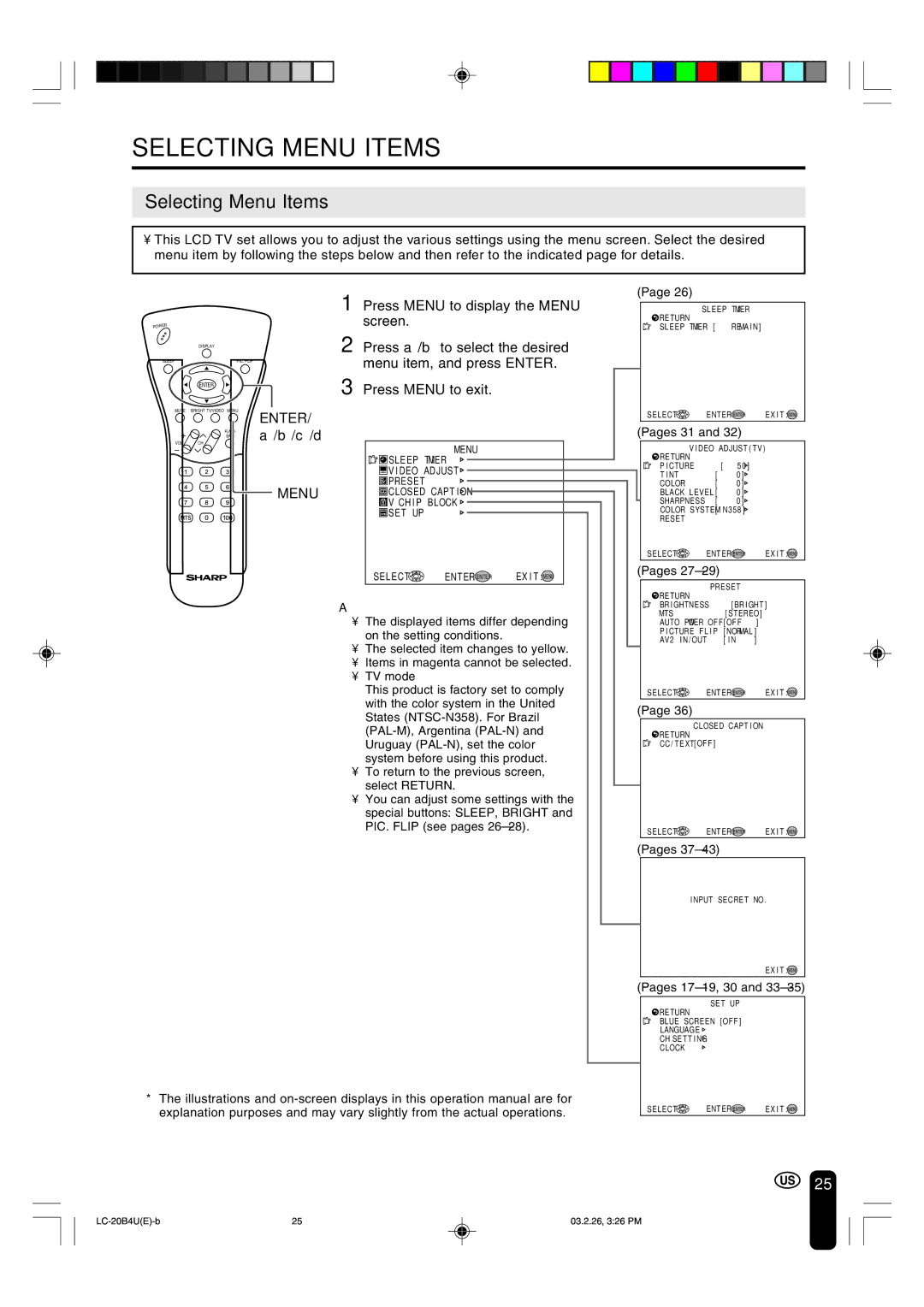 Sharp LC-20B4U operation manual Selecting Menu Items 