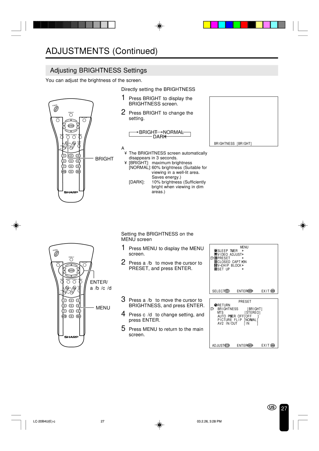 Sharp LC-20B4U operation manual Adjustments, Adjusting Brightness Settings, Bright Normal, Dark 