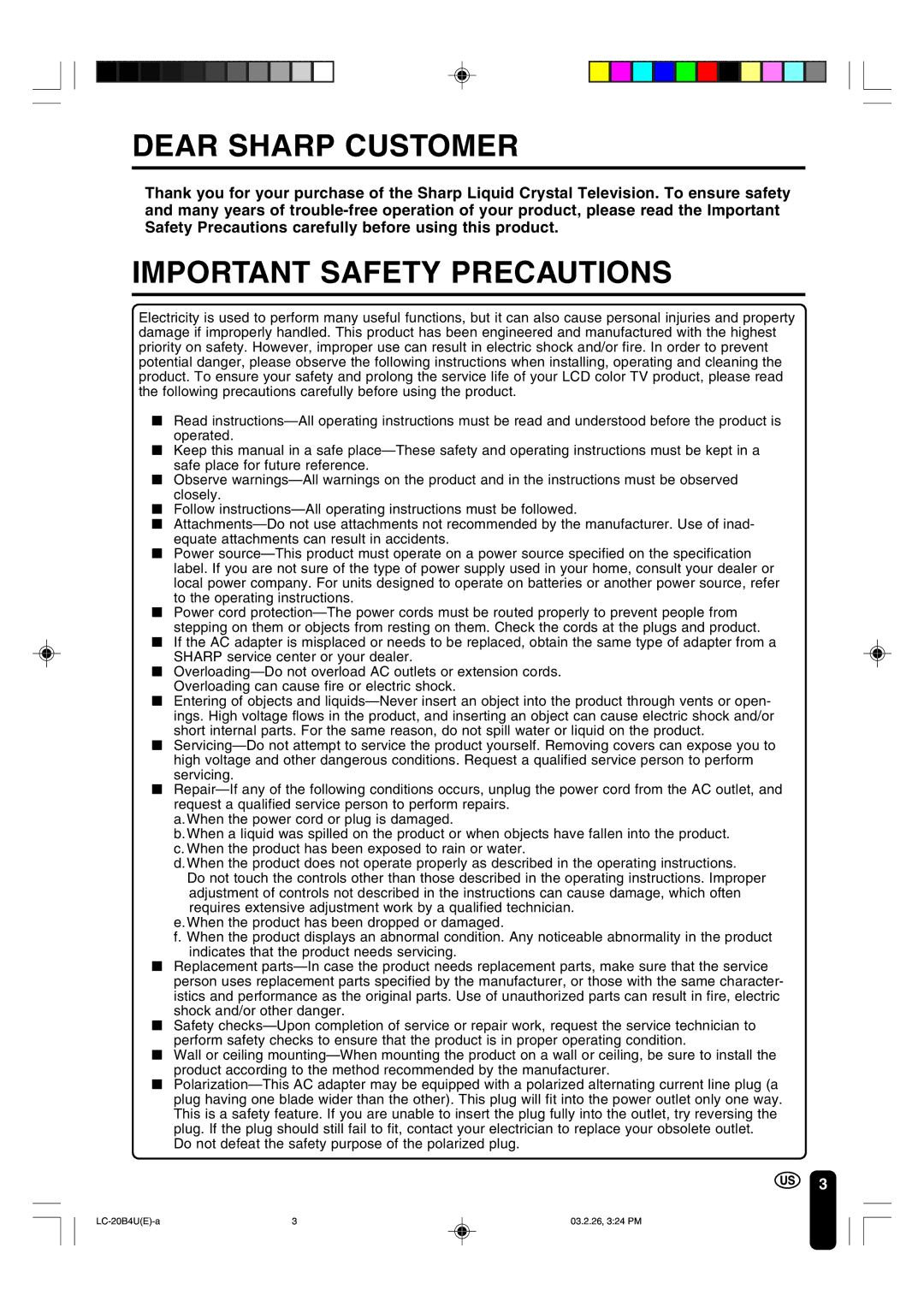 Sharp LC-20B4U operation manual Dear Sharp Customer 