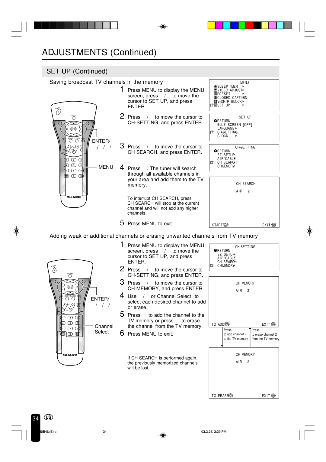 Sharp LC-20B4U operation manual Set Up, Saving broadcast TV channels in the memory, Channel Select 