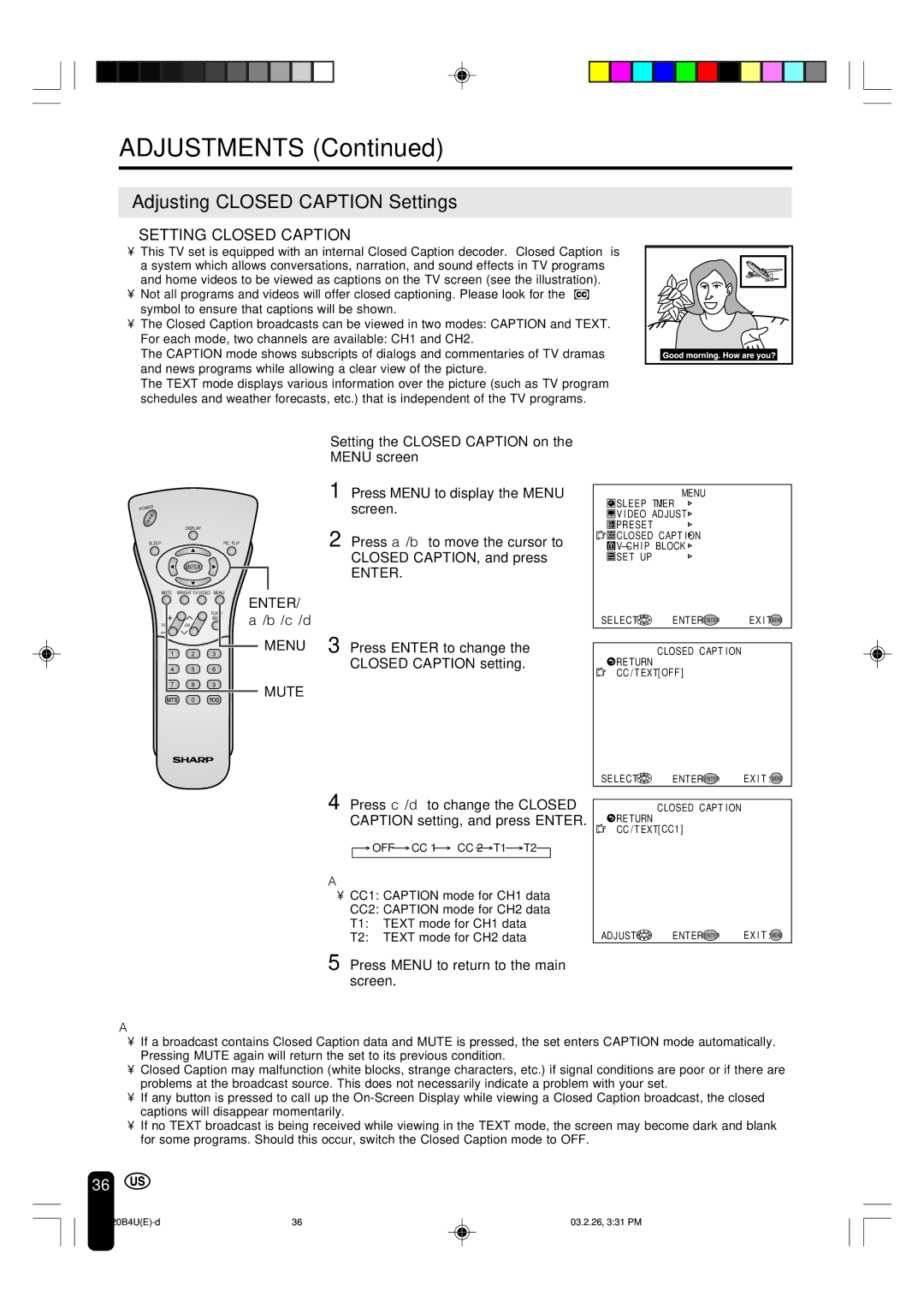 Sharp LC-20B4U Adjusting Closed Caption Settings, Setting Closed Caption, Setting the Closed Caption on Menu screen 