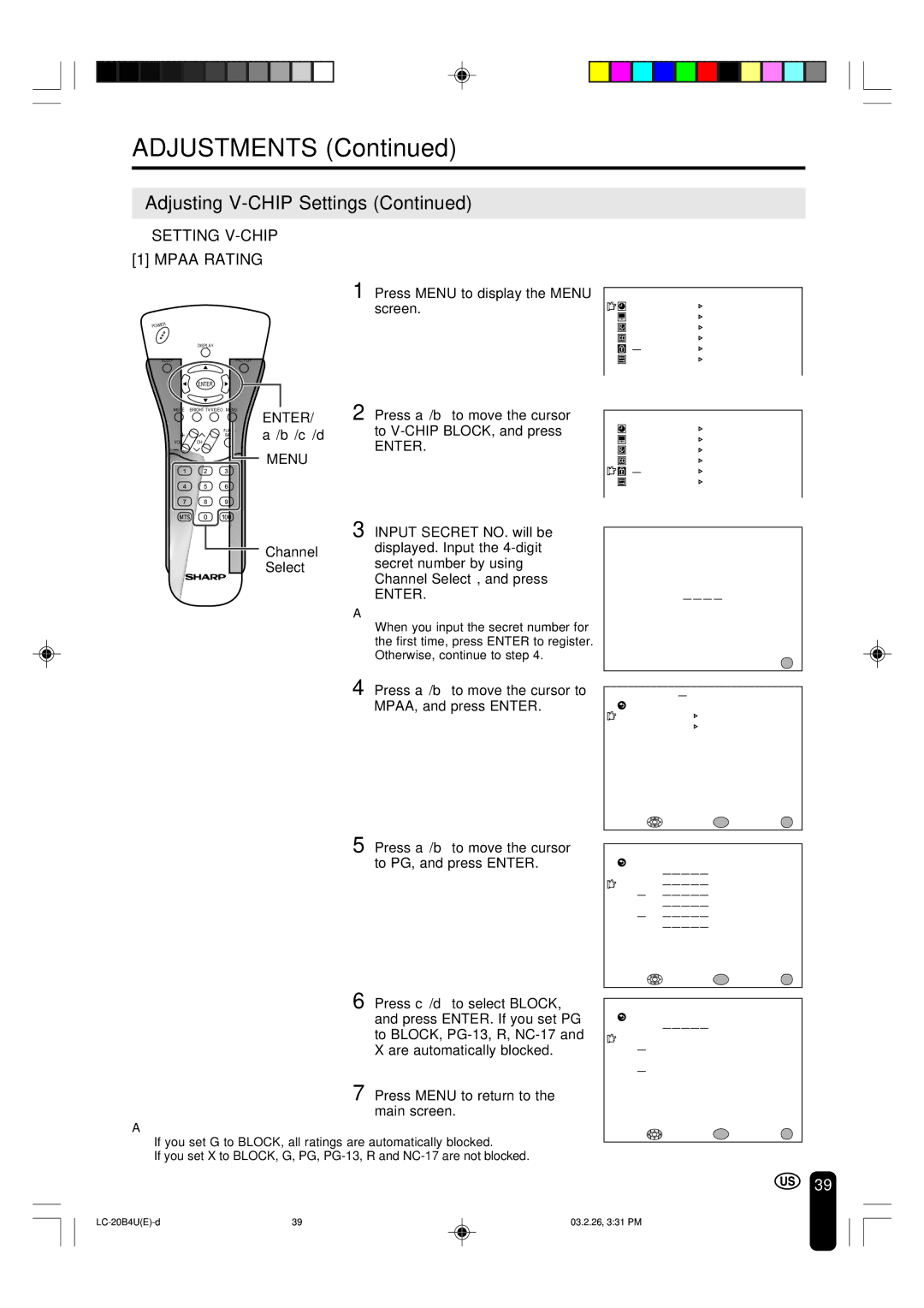 Sharp LC-20B4U operation manual Setting V-CHIP Mpaa Rating, Press a/bto move the cursor to V-CHIP BLOCK, and press 