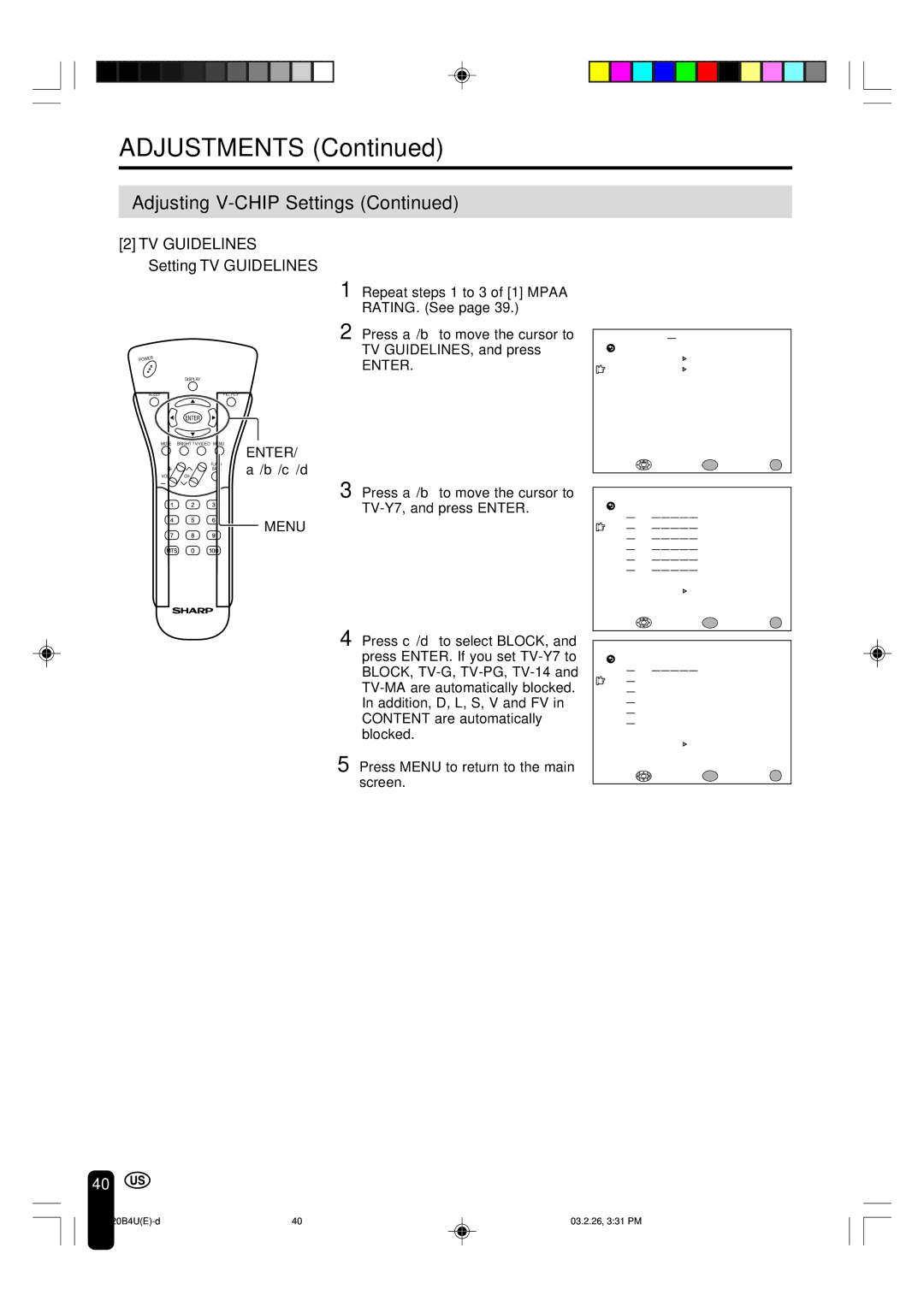 Sharp LC-20B4U operation manual Setting TV Guidelines 