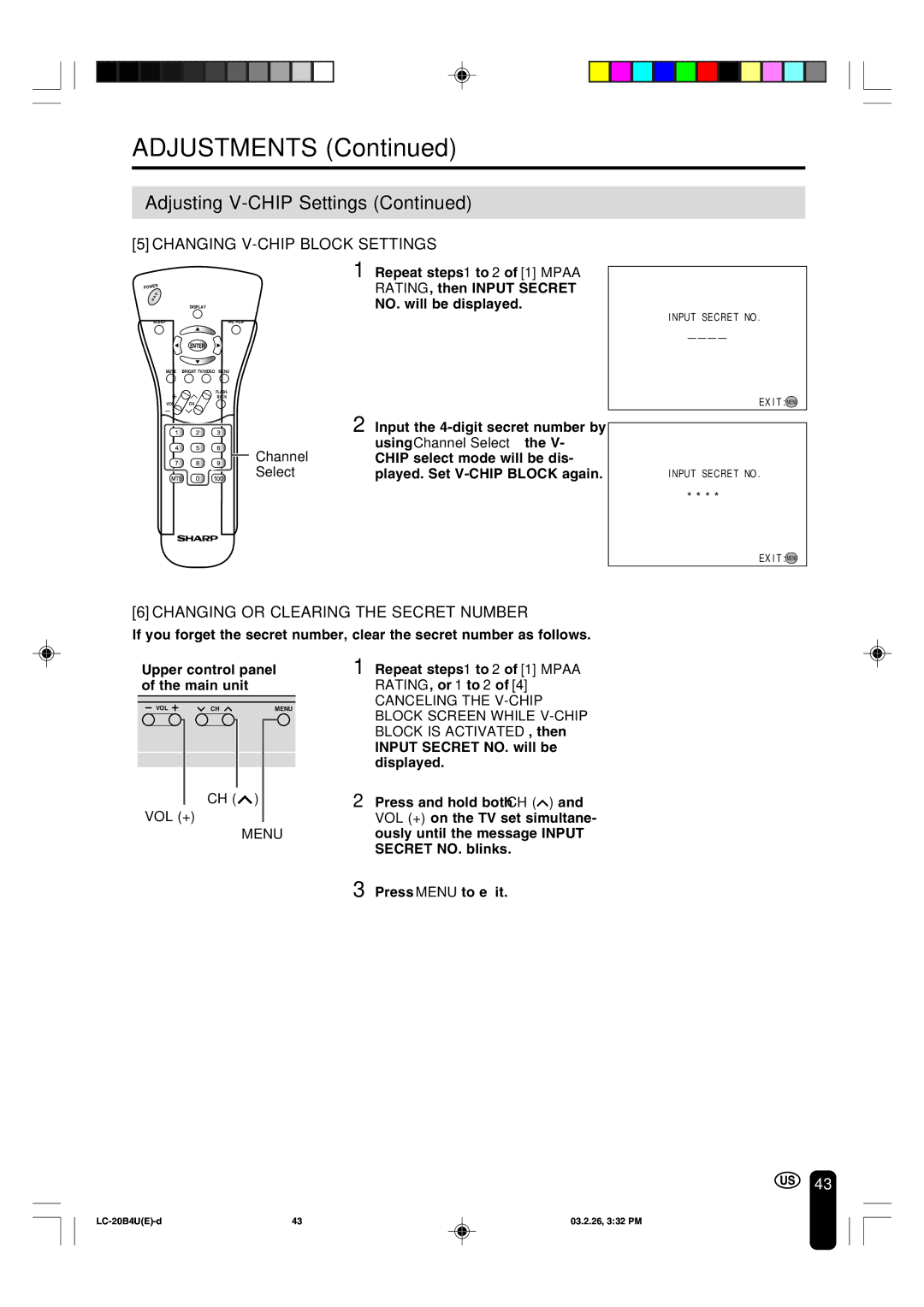 Sharp LC-20B4U operation manual Changing V-CHIP Block Settings, Changing or Clearing the Secret Number 