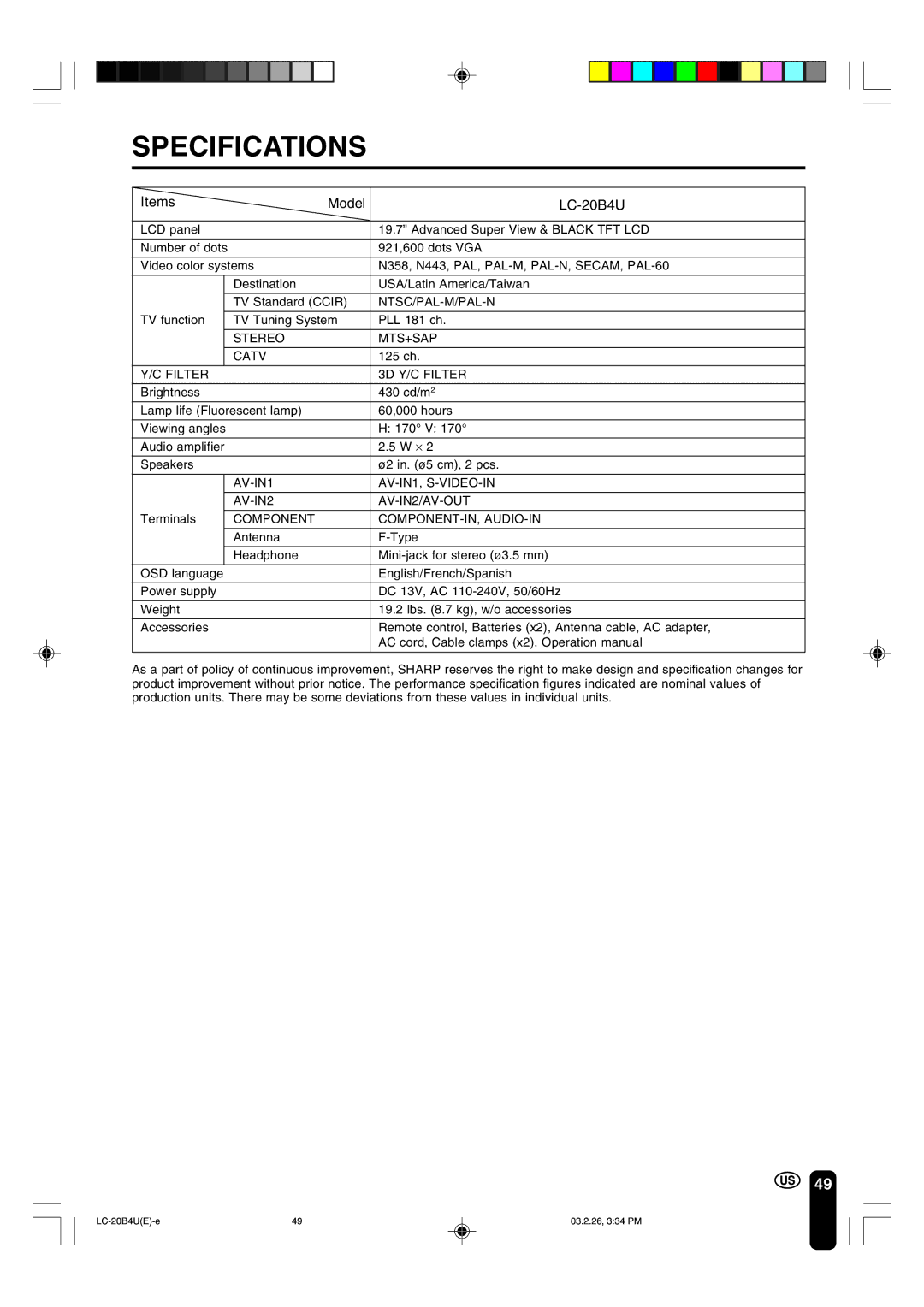 Sharp operation manual Specifications, Items Model LC-20B4U 