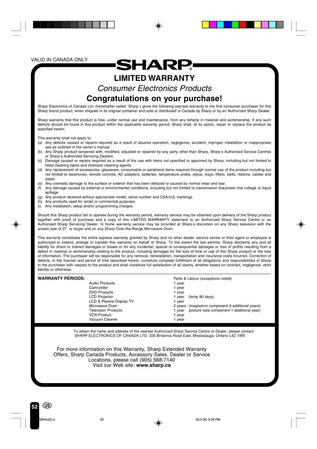 Sharp LC-20B4U operation manual Limited Warranty 