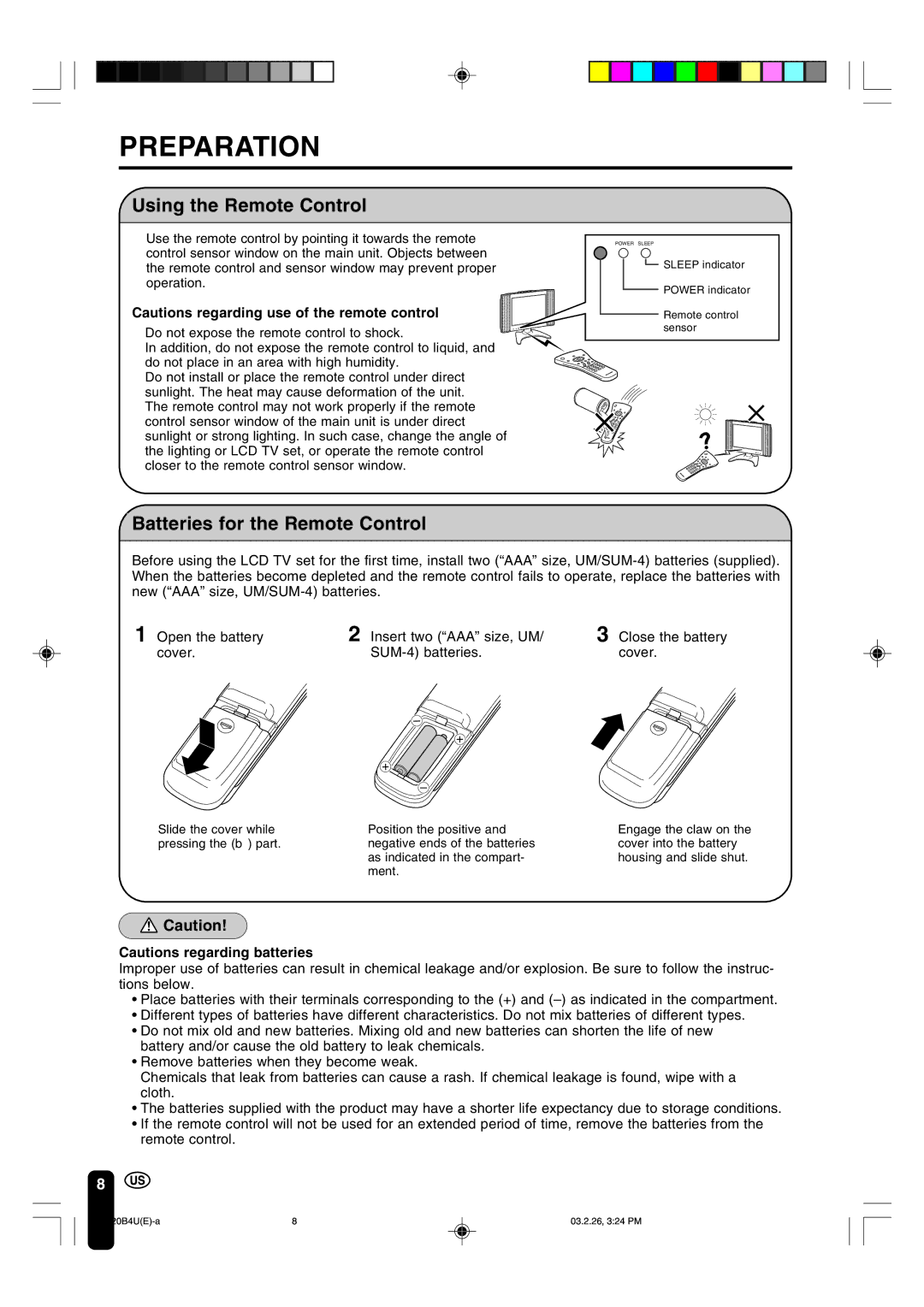 Sharp LC-20B4U operation manual Preparation, Using the Remote Control, Batteries for the Remote Control 