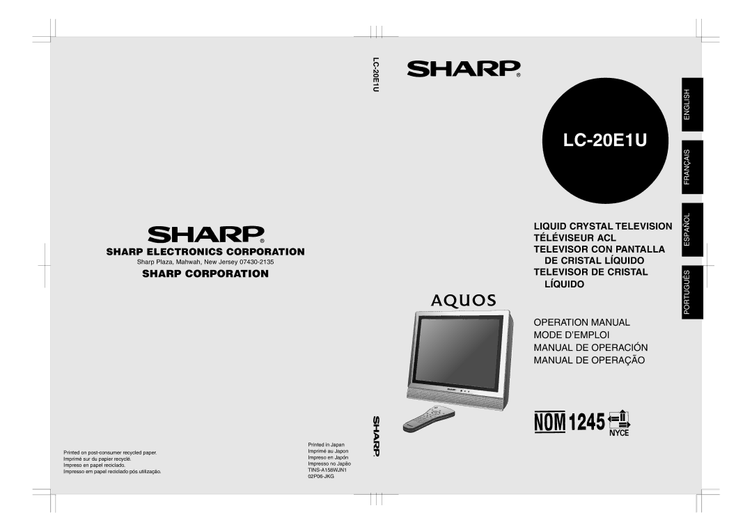 Sharp LC 20E1U operation manual LC-20E1U 