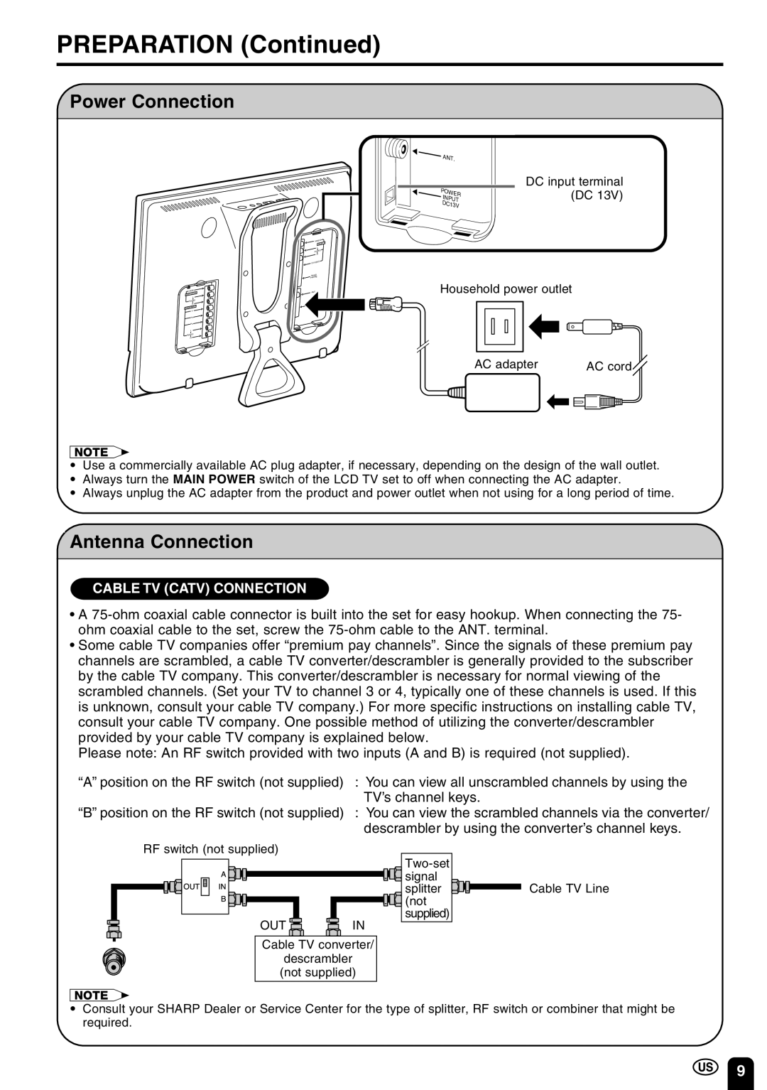 Sharp LC 20E1U operation manual Preparation, Power Connection, Antenna Connection 