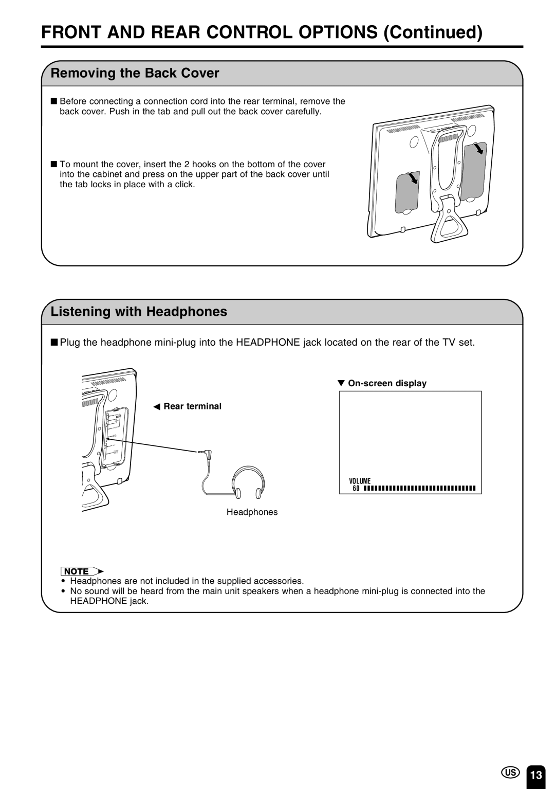 Sharp LC 20E1U operation manual Removing the Back Cover, Listening with Headphones 