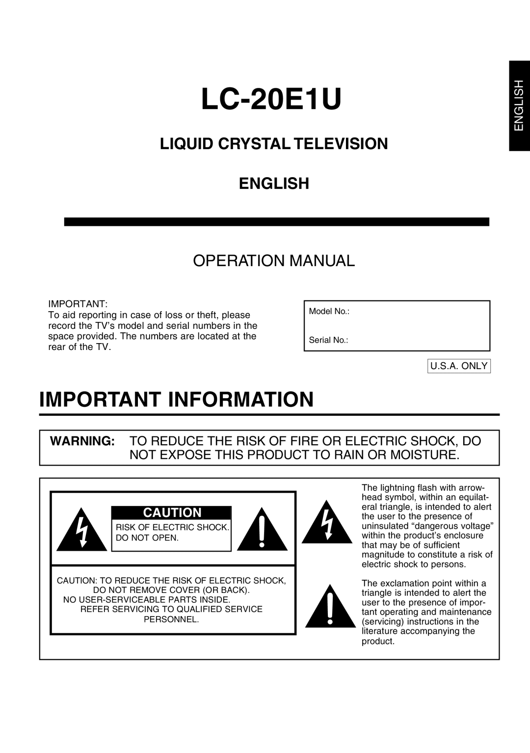 Sharp LC 20E1U operation manual LC-20E1U, A. only 